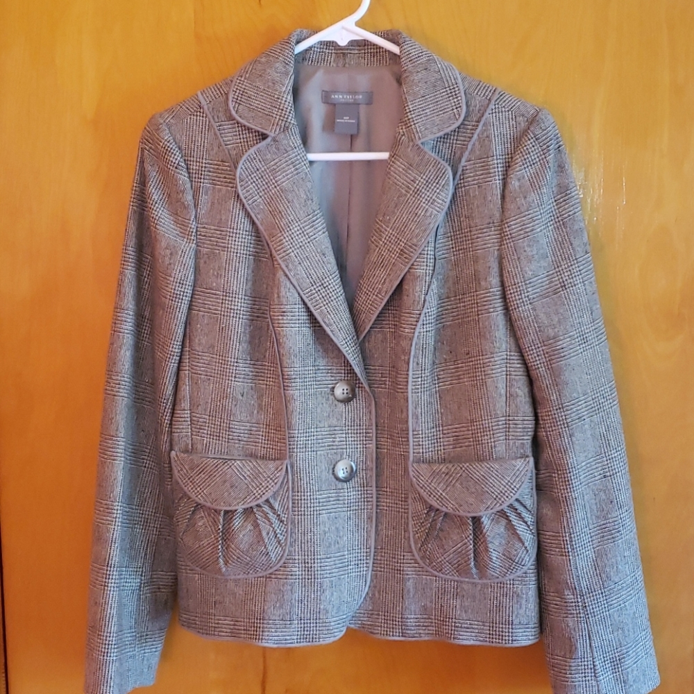 Ann Taylor Glen Plaid Wool Blazer tan & cream 10P